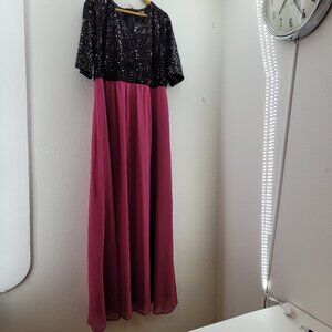 Ulla Popken Dress Women's 18 Black Sequins /Fuchsia Chiffon Evening Gown